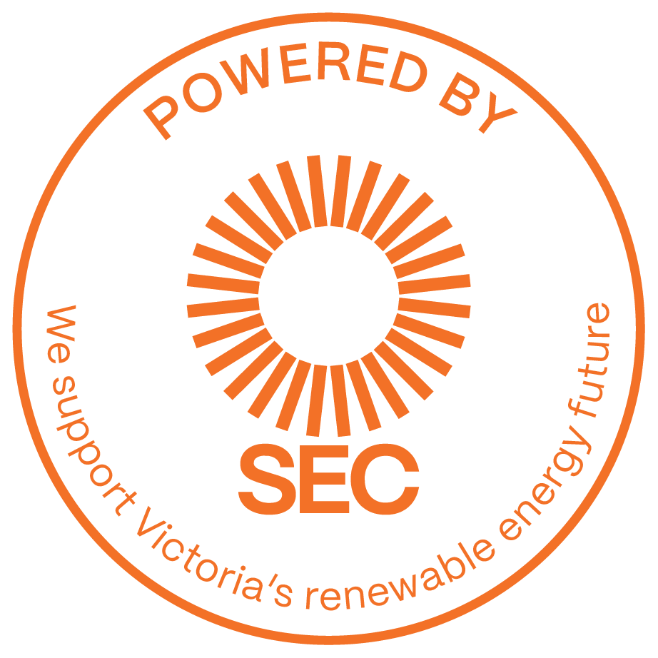 white sticker, orange text. Powered by SEC. We support Victoria's renewable energy future