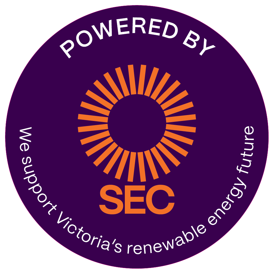 purple sticker, orange text. Powered by SEC. We support Victoria's renewable energy future
