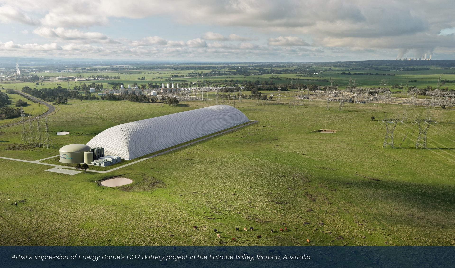 Artist's impression of Energy Dome's CO2 Battery project in the Latrobe Valley, Victoria