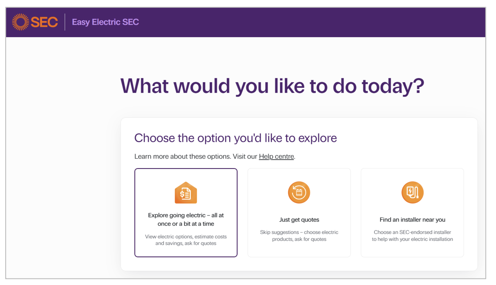 Screenshot of EasyElectricSEC interface - What do you want to do